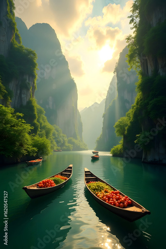 Traditional boats carrying produce navigate a serene river through lush green karst mountains