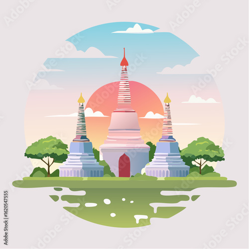 Colorful Buddhist Stupas in a Peaceful Asian Landscape