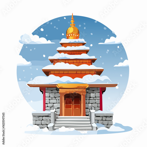 Snowy Pagoda: A Multi-Tiered Temple in Winter with Golden Dome