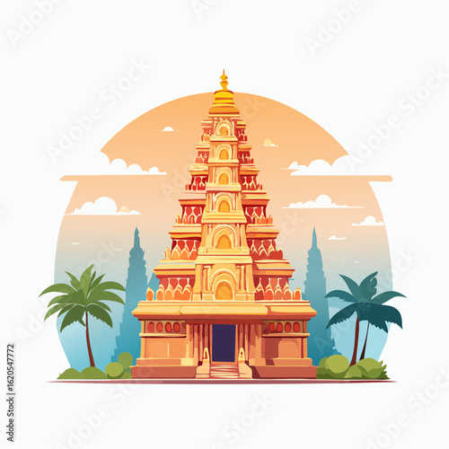 Ornate golden temple with tiered architecture and tropical palm trees