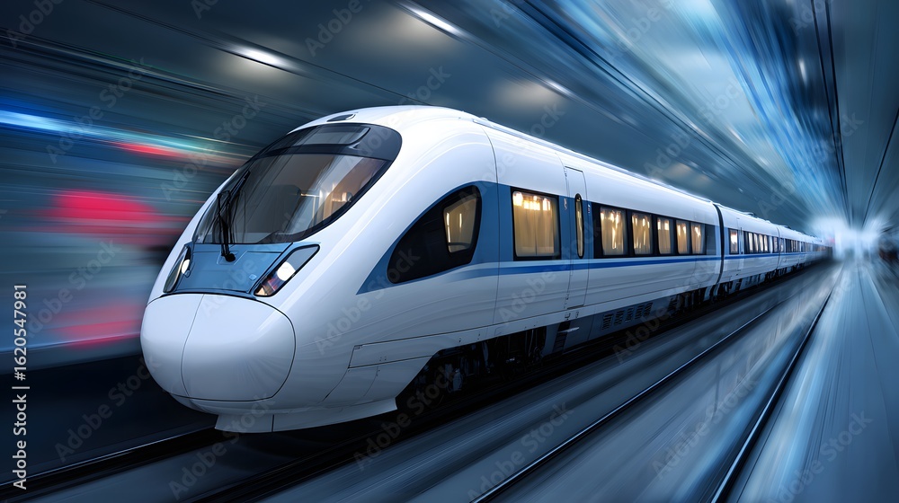 High-speed train moving rapidly through a dark tunnel. High-speed train moving rapidly through a dark tunnel.