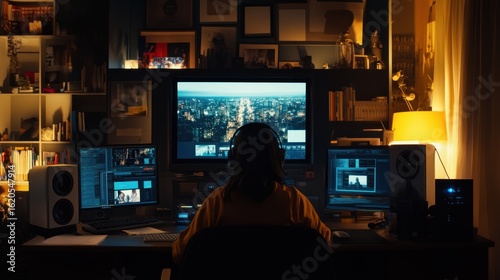 Person editing video at night