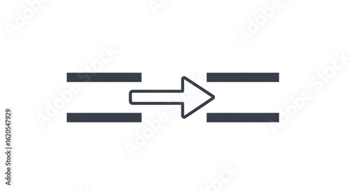 Horizontal arrow passing through a gap between two sets of parallel bars on a white background