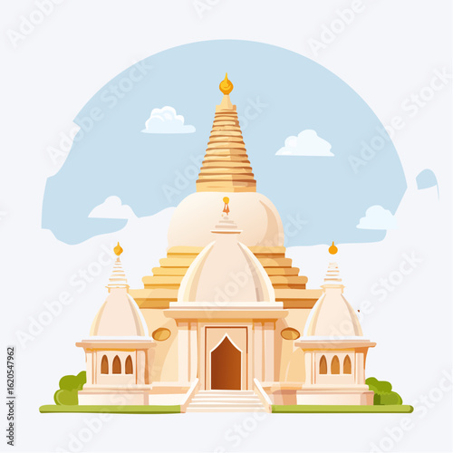 Artistic Illustration of a Serene Buddhist Temple with Golden Details