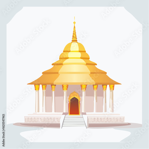 Golden-topped Buddhist Temple Illustration with Columns and Staircase