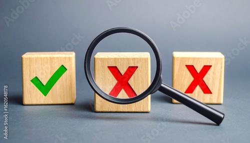 Free Download Magnifying glass over red “X” block flanked by checkmark and another “X”—symbol of error focus and decision analysis - GFXLoad