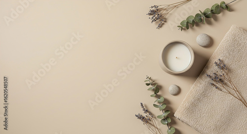 Relaxing spa setup with towel, candle, and natural elements for a soothing experience, copy space on the left