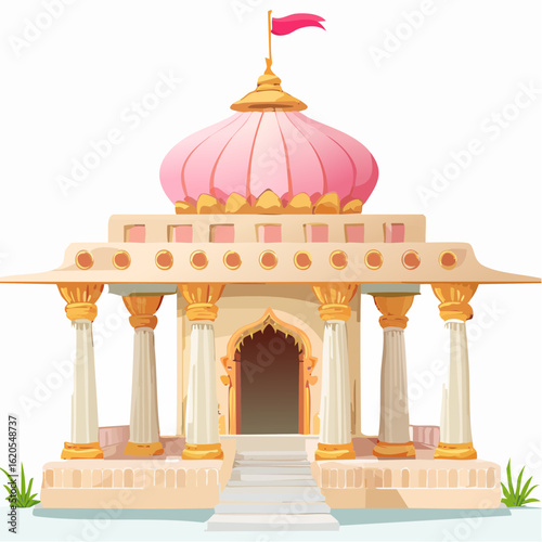 Ornate Temple Facade with Pink Flag and Arched Entrance, Supported by Columns
