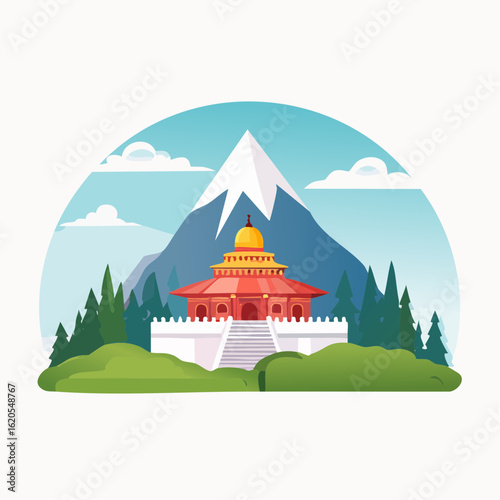 Red and Gold Temple with Mountain Backdrop, Surrounded by Evergreen Trees