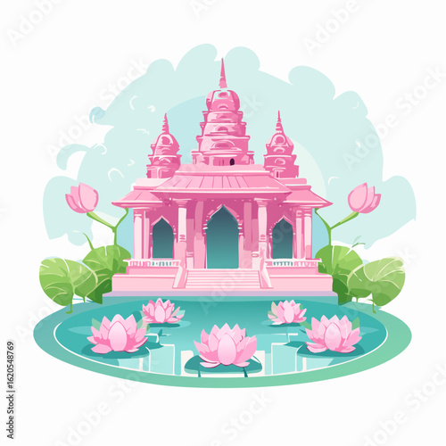 Pink Temple Surrounded by Lotus Flowers in a Serene Pond