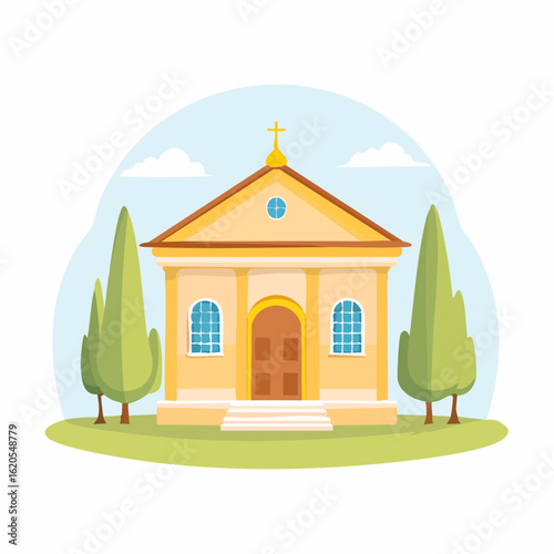 Cartoon Church with Trees, Sky, and Simple Architectural Design.