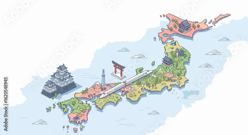 Isometric illustration of a map of Japan featuring famous landmarks, a bullet train, and cultural icons.