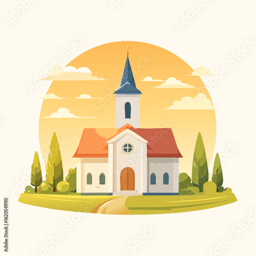 Charming Church Illustration with a Tall Steeple and Cross.