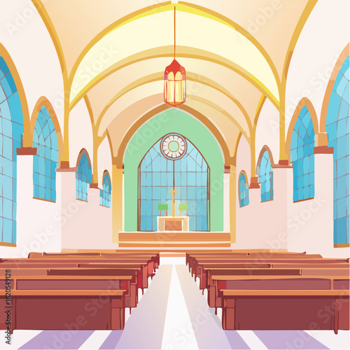 Interior View of a Church with Arched Ceilings and Stained Glass Windows