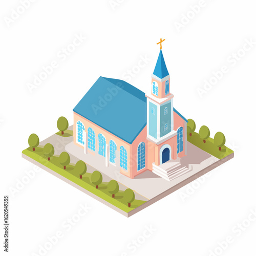 Isometric View of a Charming Church with Blue Roof and Cross