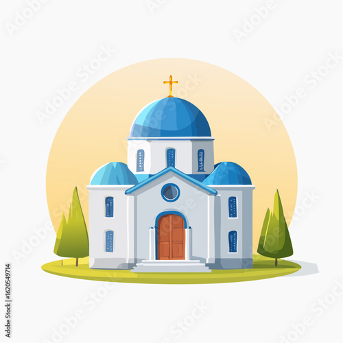 Stylized Illustration of a Greek Orthodox Church with Blue Domes and Cross