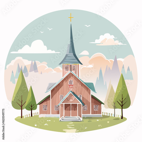 Quaint church illustration with a tall steeple and surrounding nature scene