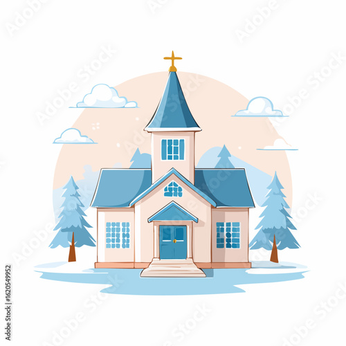 Charming Winter Church Illustration with Blue Roof and Cross on Top