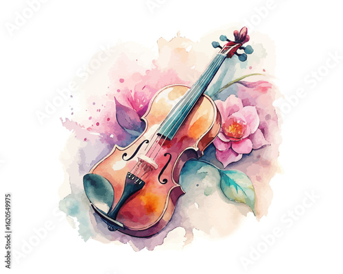 watercolor violin with flower vector illustration isolated on white background