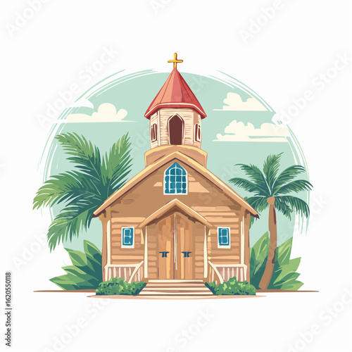 Quaint wooden church with red steeple and palm trees in tropical setting