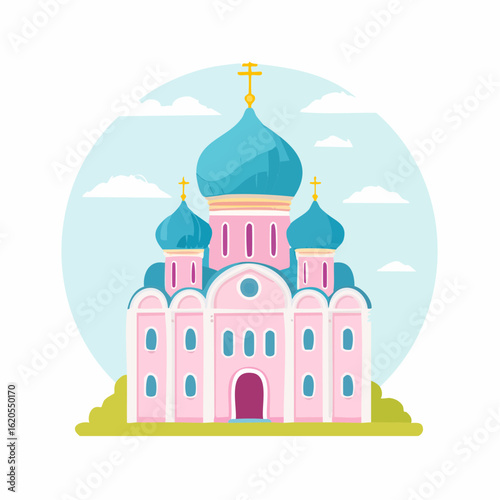 Colorful Cartoon Illustration of a Russian Orthodox Church with Blue Domes