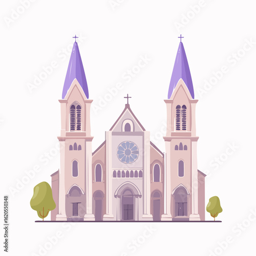 Cartoon church with purple spires, arched windows, and symmetrical design