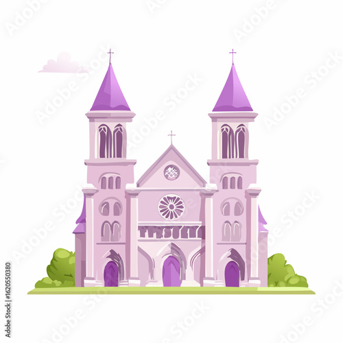 Pastel Church Illustration with Purple Accents and Detailed Architectural Design