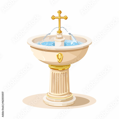 Ornate Baptismal Font with Water and Golden Cross Illustration