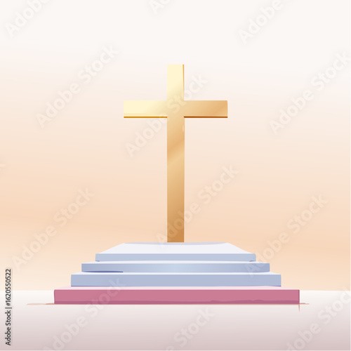 Minimalist Christian Cross Above Pastel Staircase, Symbolic Religious Art