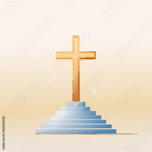 Golden Cross on Steps with Radiating Light, Religious Symbol
