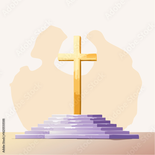 Golden Cross on Steps with Angelic Forms, Symbolic of Faith