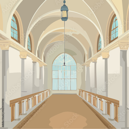 Arched Hallway with Columns, Balustrade, and Hanging Lantern Illustration