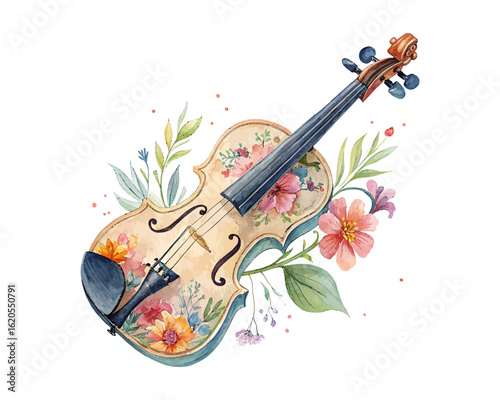watercolor violin with flower vector illustration isolated on white background