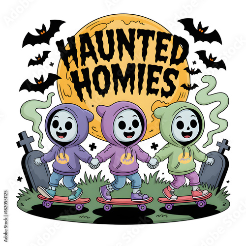 Spooky Halloween party poster: Cartoon pirate boy, witch, and cat characters on a ship under the moonlight with a pumpkin, skull, ghost, and bat monster design vector illustration for a holiday night