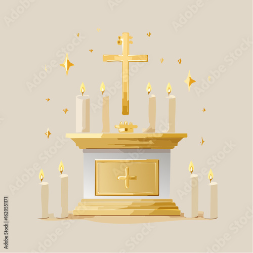 Golden Altar with Cross, Candles, and Religious Symbolism.