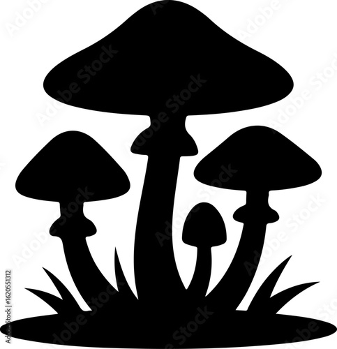 black silhouette vector of a group of mushrooms growing on a forest floor