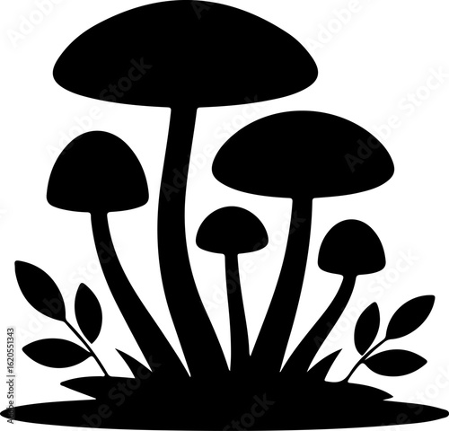 black silhouette vector of a group of mushrooms growing on a forest floor