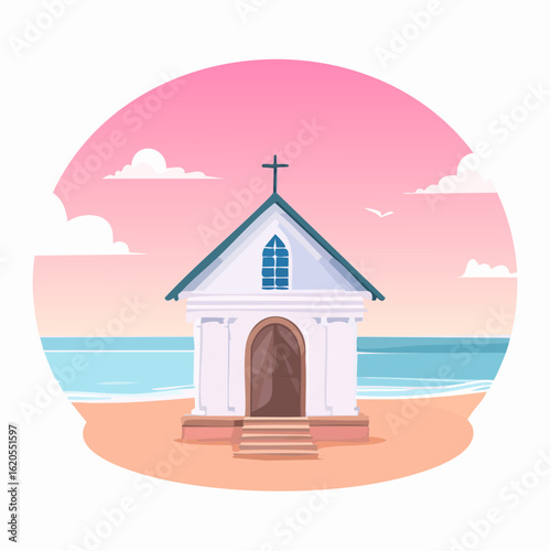 Seaside Chapel Illustration with Teal Roof and Arched Doorway on Sandy Beach
