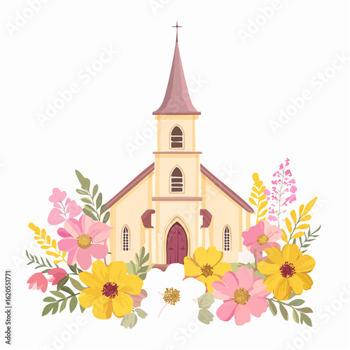 Charming Church Surrounded by Colorful Flowers, Symbolizing Faith and Nature