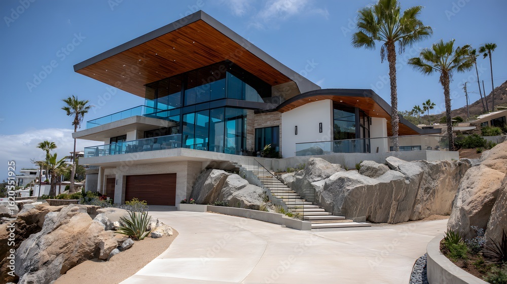 Fototapeta premium Modern coastal home nestled amidst rocks.