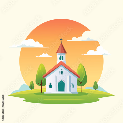 Whimsical Illustration of a Church with Red Roof and Cross.