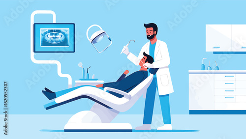Male dentist performing a dental check-up on a patient in a modern clinic with an x-ray