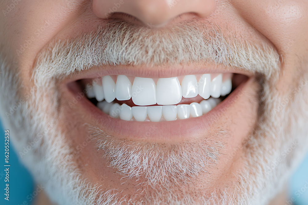Obraz premium Close-up of a man's smile showcasing bright, white teeth and a neatly trimmed, gray beard. The focus is on dental health and a confident, healthy appearance.