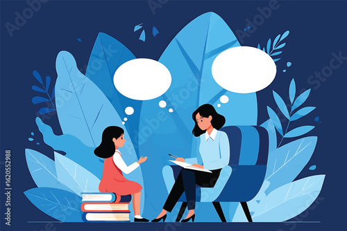 Child psychology session with a female psychologist and a girl patient vector illustration.