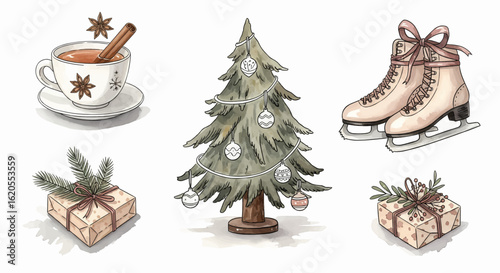 Hand-drawn collection of cozy winter holiday symbols including a Christmas tree, gifts, ice skates, and spiced tea.