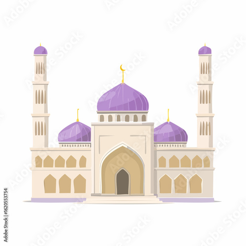 Cartoon Mosque with Lavender Domes and Golden Crescent Moon Finials