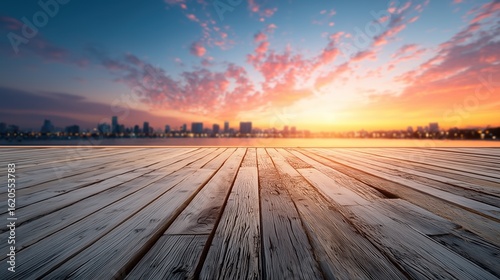 Sunset Cityscape with Wooden Platform