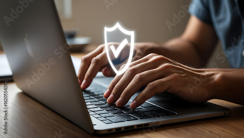 Person typing on laptop with digital security shield hands keyboard