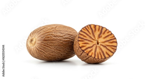 Whole nutmeg and a halved nutmeg on a white background
