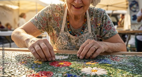 Womans hands placing mosaic tiles to create a floral design
